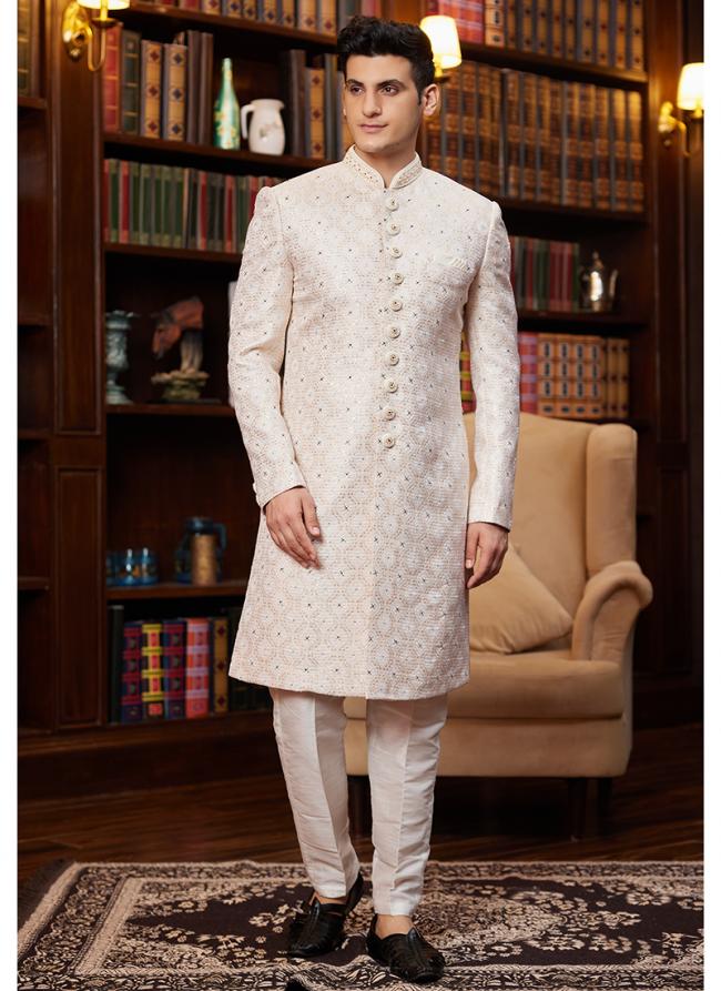 Jacquard Silk Beige Wedding Wear Hand Work Readymade Sherwani